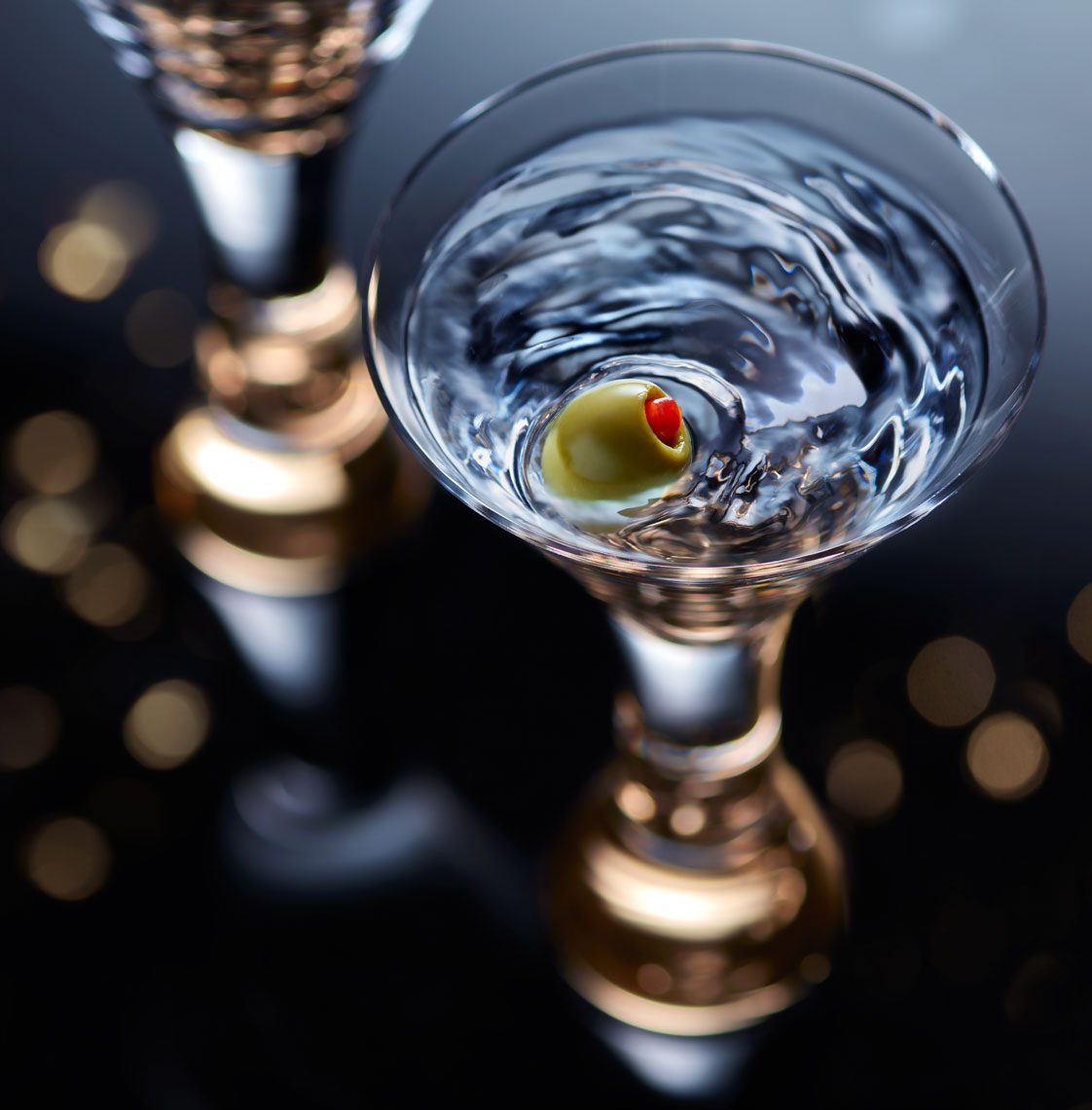 Martini with Olive in Gold Stem Glass- New York Food & Beverage Photographer-© Aristo Studios